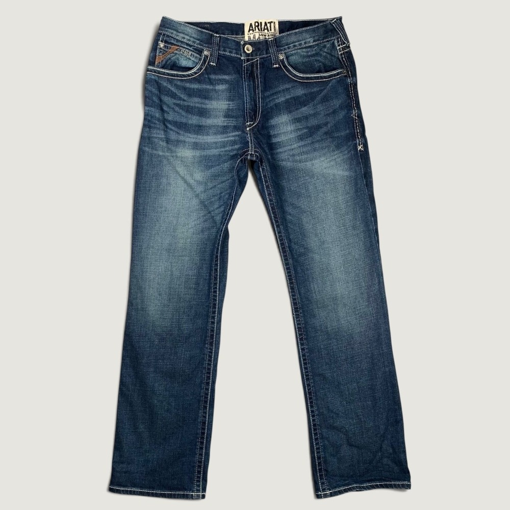 Ariat M4 Bootcut Jeans Mens 34x34 Blue Low Rise Whiskered Denim Rodeo Western